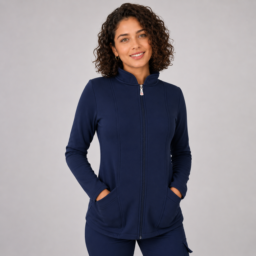 Polerón Clínico Mujer Spandex Forrado color azul marino, interior afelpado, ideal para Enfermeras.