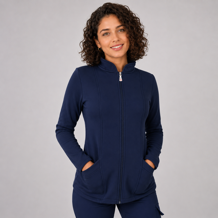 Polerón Clínico Mujer Spandex Forrado color azul marino, interior afelpado, ideal para Enfermeras.