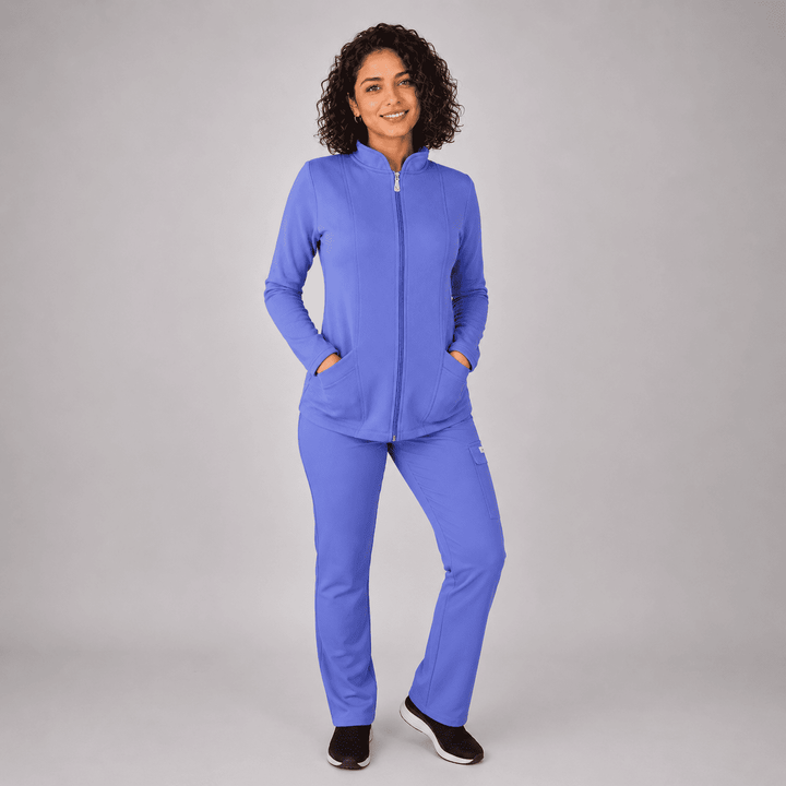 Polerón Clínico Mujer Spandex Forrado color Celeste Jacinto, interior afelpado, ideal para TENS y profesionales de la salud